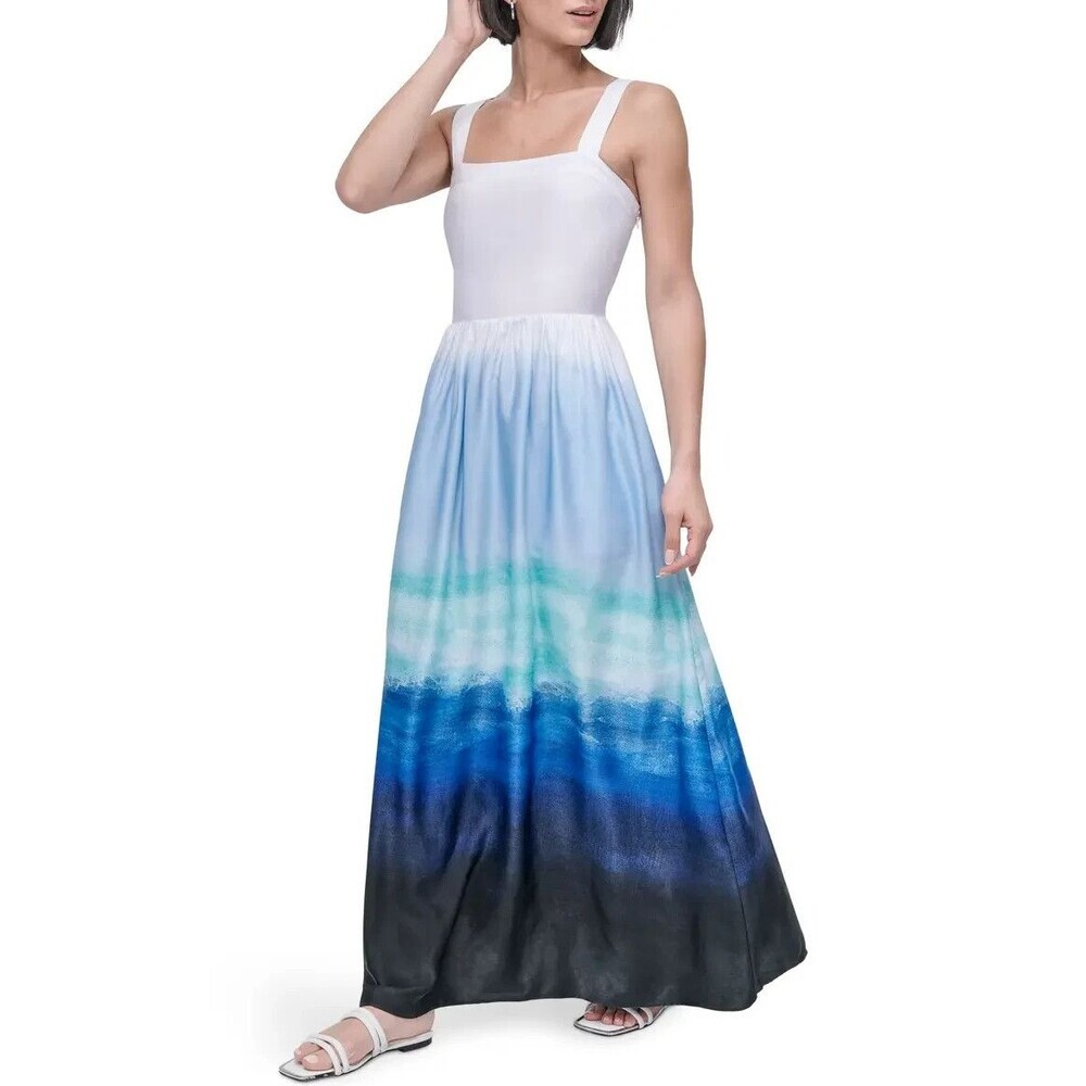 DKNY Women's Sleeveless Ombre Printed Satin Maxi Dress White Blue Seafoam L